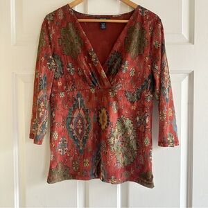 Chaps Y2K Babydoll Women’s XL‎ Mesh Aztec Tribal Print Top Stretch Boho Fairy